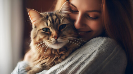 Beautiful young woman hugs the cat. Close-up of Lady Cuddling with Feline Friend. National hug day. Pet care concept. Tender Moment Between Owner and Pet cat. Affectionate Woman Embracing Her Cat