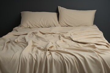 Crumpled beige bed linen with pillows and blankets