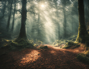 Fototapeta premium Morning in the forest. A dirt path winds through tall trees with moss growing on their trunks. Hazy and dreamy mood as the sunlight shines through the trees and fog.