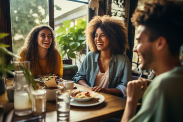 Group of young smiling friends having breakfast in a restaurant - obrazy, fototapety, plakaty