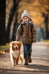Boy walks with dog in the park, dog is a friend, care and responsibility, devotion, friendship