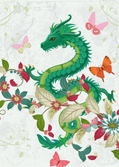 floral swirl pattern with green dragon in fancy flowers and flyi