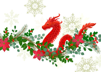 red serpent sitting on wave floral border of christmas plants an