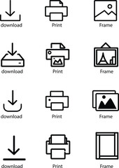 instant download set of icons - download, print and frame icons. Vector illustrations in modern style. To arrange listings or selling art prints as instant downloads. - obrazy, fototapety, plakaty