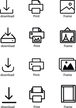 instant download set of icons - download, print and frame icons. Vector illustrations in modern style. To arrange listings or selling art prints as instant downloads.