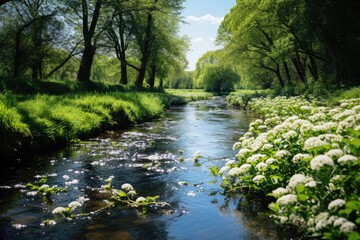 Fototapeta na wymiar Tranquil Spring River with Blooming Banks and Lush Greenery in High Resolution