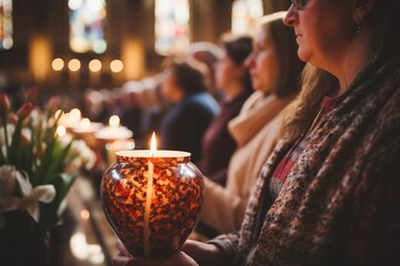 Traditional Easter Church Service - Lit Candles and Religious Symbols in Solemn Mood - obrazy, fototapety, plakaty