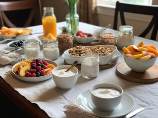 A balanced breakfast table with fruits, whole grains, and yogurt