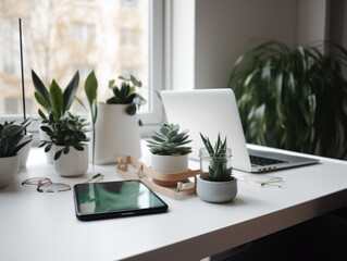 A comfortable workspace with a plant, notebooks, and a smartphone for remote work