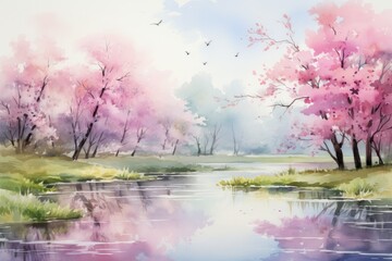 Watercolor spring landscape, Easter theme, soft and inviting