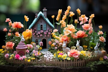 Fototapeta na wymiar Whimsical Easter garden scene, bunnies and flowers, playful and bright