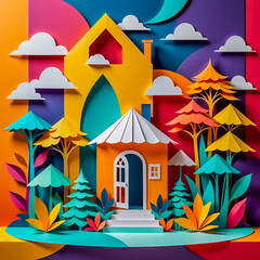 Paper art house illustration on the abstract background.