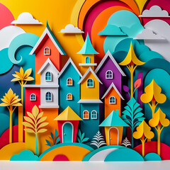 Paper art house illustration on the abstract background.