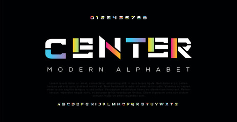 Center Modern abstract digital alphabet font. Minimal technology typography, Creative urban sport fashion futuristic font and with numbers. vector illustration - obrazy, fototapety, plakaty