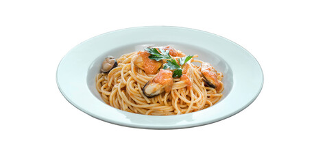 spaghetti european food Served in a plate on a white background