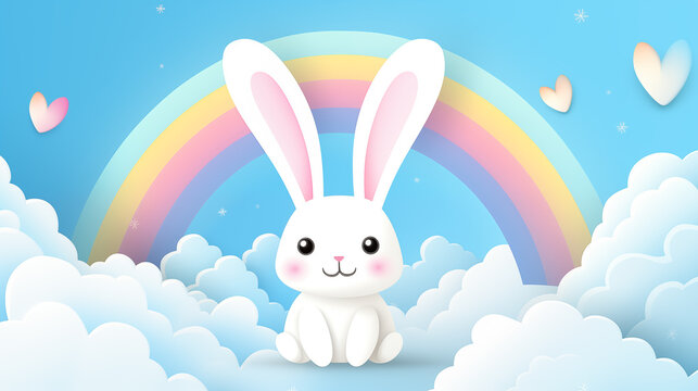 .Cute Easter bunny with rainbow.