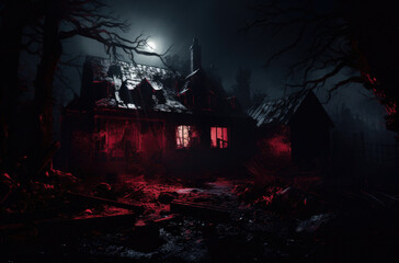 Fototapeta na wymiar Old house with a Ghost in the forest at night or Abandoned Haunted Horror House in fog. Old mystic building in dead tree forest. Trees at night with moon. Surreal lights. Horror Halloween concept?