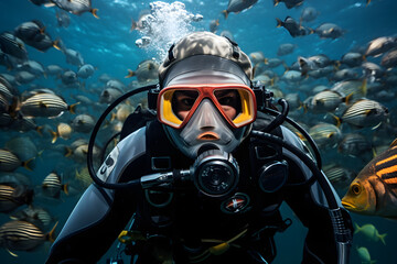 An Asian male scuba diver in the underwater diving while wearing proper suit and oxygen mask cover his mouth with stuff having bubbles in the  water and there are some fishes at the background - Powered by Adobe