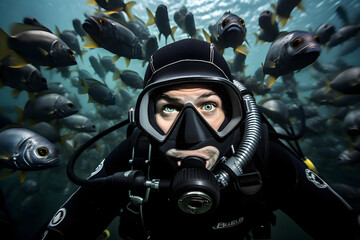 A close click of American male scuba diver diving in the sea looking in the camera wearing proper suit and facemask and oxygen and have so many fishes under water  - Powered by Adobe