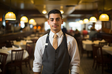 A handsome young Asian boy waiter standing in the restaurant well dressed looking in the camera with positive vibes there is a lot of tables and chairs align in the blur background with hanging lamps 