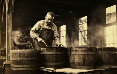 Early 1900s processing factory using half barrels. - obrazy, fototapety, plakaty