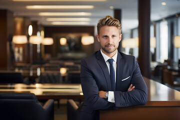 An American man a manager in the office standing in the office looking in the camera wearing proper elegant coat suit empty conference table with chairs in the blur background 