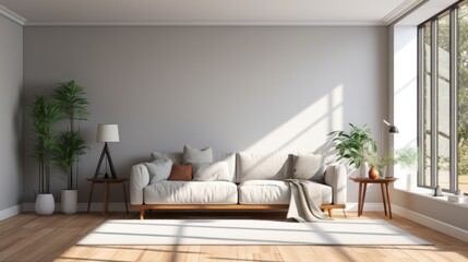 Interior of modern minimalist living room. White empty walls, hardwood floor, white sofa, wooden coffee tables, table lamp, indoor plants in pots, large floor-to-ceiling windows. Mock up.