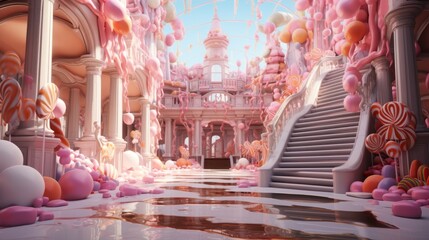 Wonderful fantasy pink castle for fairytale princess. Elegant towers, columns and stairs decorated with giant lollipops, candies and sweets. A fairytale dream castle for all little children.