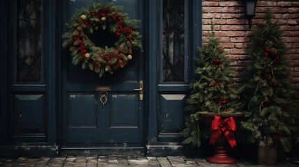 Fototapeta na wymiar Generative AI, Front door with Christmas decoration, wreath and garland, muted colors, cottage rustic doorway 