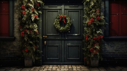 Generative AI, Front door with Christmas decoration, wreath and garland, muted colors, cottage rustic doorway 	
