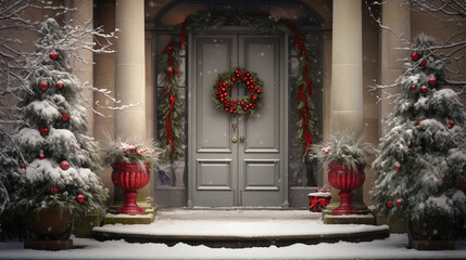 Fototapeta na wymiar Generative AI, Front door with Christmas decoration, wreath and garland, muted colors, cottage rustic doorway 