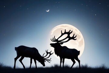 A reindeer in front of a full moon