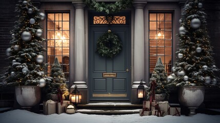 Generative AI, Front door with Christmas decoration, wreath and garland, muted colors, cottage rustic doorway 	
 - obrazy, fototapety, plakaty