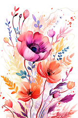 Watercolor Colorful Floral Background with Spring Wildflowers