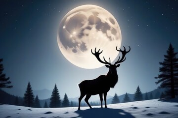 A reindeer in front of a full moon