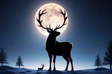A reindeer in front of a full moon