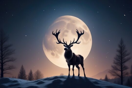 A reindeer in front of a full moon