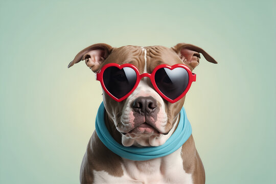 American Pit Bull Terrier dog, very funny cartoon illustration with red heart shape sunglasses on a blue pastel background, illustration, commercial advertisement, award winning pet magazine cover
