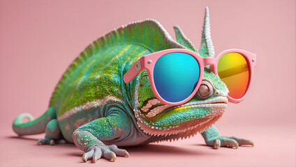 Chameleon cartoon illustration with pink sunglasses on a pink background, very funny illustration, commercial advertisement, award winning pet magazine cover
