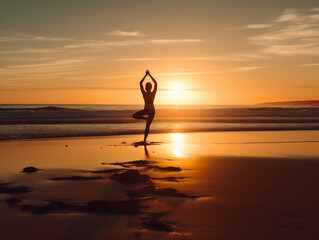 A person practicing yoga on a serene beach at sunrise