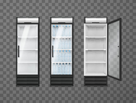 Commercial refrigerator display drinks fridges empty and plastic water bottle set realistic vector