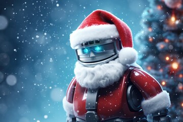 A robot wearing Santa hat in a snowy winter Christmas background