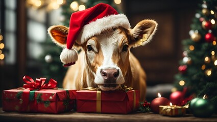 santa claus with christmas presents calf, agriculture, white, bull, mammal, santa, livestock,...