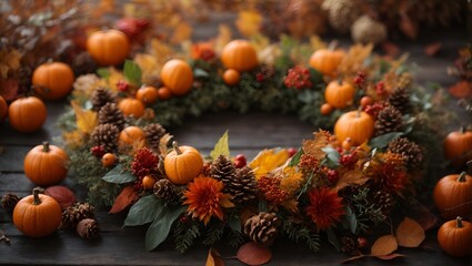 pumpkins and leaves ornament, nature, holly, ball, plant, spruce, isolated, gold, berry, evergreen, object, season,  - obrazy, fototapety, plakaty