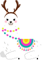 Cute llama/alpaca in deer antlers. Cute design for nursery, poster, Merry Christmas,
birthday greeting card.