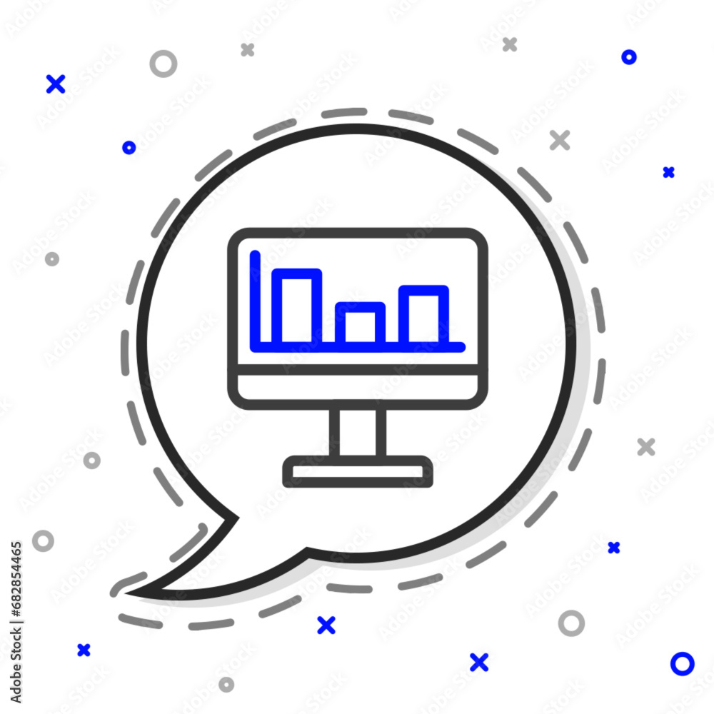 Poster line computer monitor with graph chart icon isolated on white background. report text file. accounti
