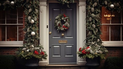Generative AI, Front door with Christmas decoration, wreath and garland, muted colors, cottage rustic doorway ..