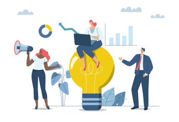 Creativity and inspiration lead to successful teamwork, Ideas about innovation and how to create opportunities for companies to grow and prosper, Team of businessmen working with big idea light bulb.