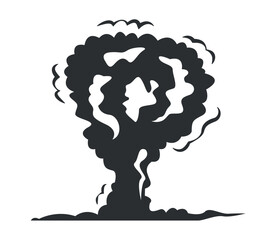 Explosion in flat black design. In this mesmerizing image an explosion and the accompanying smoke are rendered with striking detail in black and white. Vector illustration.