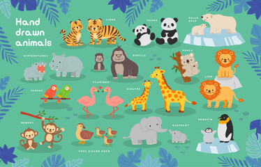 動物園にいるかわいい動物たちのイラスト_背景緑 - obrazy, fototapety, plakaty